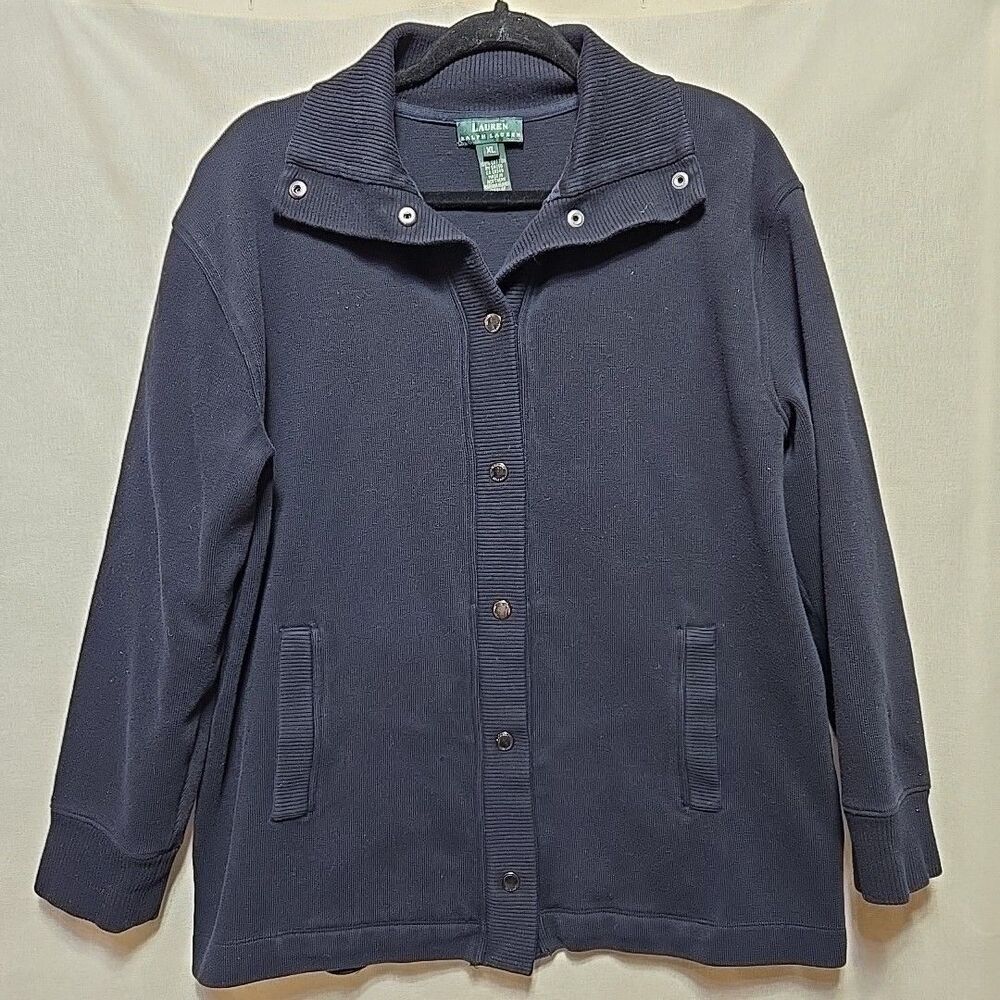 Lauren Ralph Lauren XL Snap Front Sweater w/Pockets Blue Wide Collar USA Made
